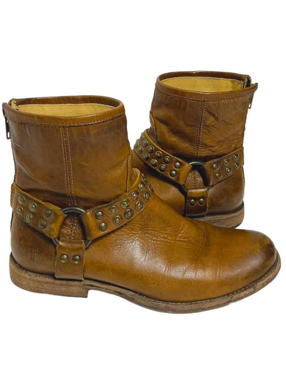 Frye Phillip Studded Harness Short Brown Leather Boots 8.5